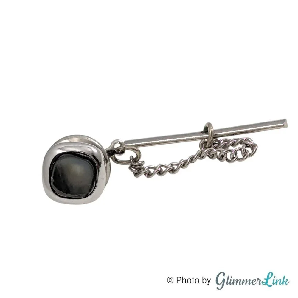 Vintage Swank Silver Tone Tie Tack with Shell Cabochon, Chain & T-Bar